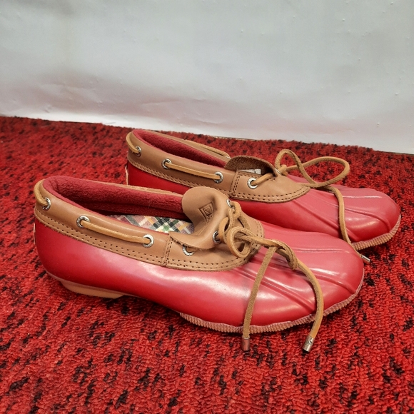 Sperry Wo's Womens Topsider Waterproof Rubber Boots Slip on Red Tan Size 7.5 - Picture 4 of 13